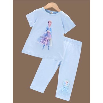 愛沙公主夏季套裝女童夏裝純棉短袖上衣七分褲兩件套冰雪奇緣童裝