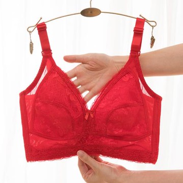 結婚本命年大紅色內衣女無鋼圈全罩杯大胸顯小聚攏大碼超薄款文胸