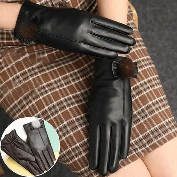 seoul show首爾秀 毛球全掌觸控頭層小羊皮珊瑚絨女士真皮保暖手套