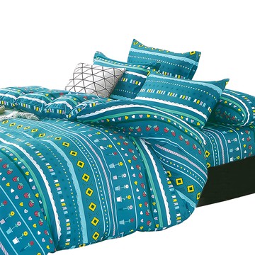 INDIAN 印地安 雙人四件式印花兩用被床包組  床包 + 兩用被 + 枕頭套 x 2  床包150 x 186cm 枕套48 x 75cm 兩用被180 x 210cm  草莓花甜 藍綠色