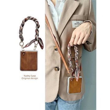 高級感絲巾手提棕色皮質適用于vivoxflip手機殼新款小折疊屏x flip保護套斜挎防摔創意掛繩手拎小眾Xflip女款