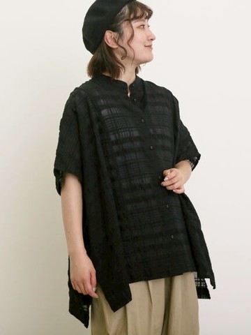 素面/格紋寬鬆蝙蝠袖排釦無領襯衫(0F000869010) - Samansa Mos2