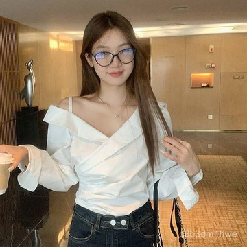 韓係設計交叉領露長袖襯衫新款褶皺收腰顯瘦氣質襯衣上衣白色