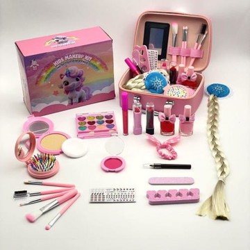 跨境熱銷新款兒童化妝品套裝獨角獸大辮收納美妝盒女孩過家家玩具