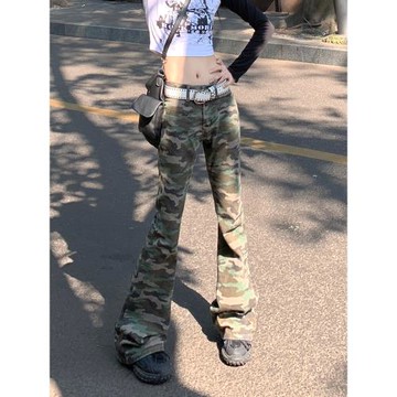 美式復古迷彩微喇牛仔褲女秋冬高個子辣妹高腰修身顯瘦直筒拖地褲
