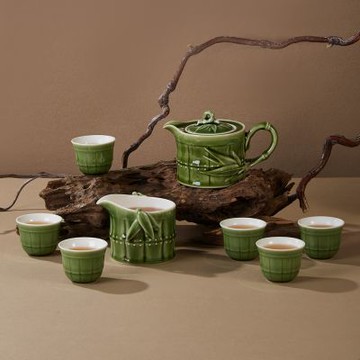 乾唐軒活瓷 -竹節茶具組 / 綠釉 / 一壺+六杯+茶海