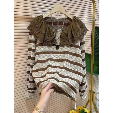 歐貨重磅早秋2025新款時尚百搭白色條紋針織衫長袖女裝高級感上衣