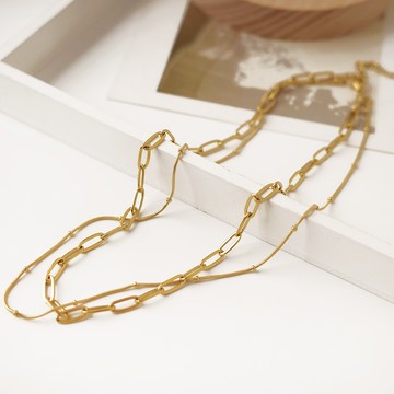 [鈦鋼.項鍊] 雙層圓珠蛇骨鍊條鈦鋼項鍊 (金色)【UME】洗澡可戴/鈦鋼項鍊/鋼鍍18K金