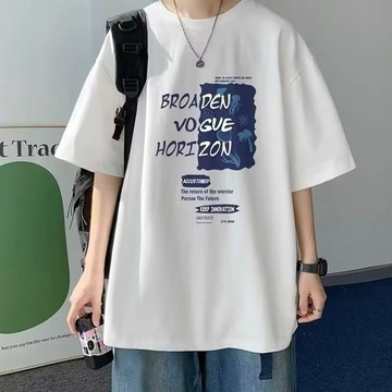 男生夏季純棉短袖 潮牌英文字母印花短袖 oversize少年感落肩短T 男生慵懶寬鬆上衣 夏季休閒寬鬆短袖