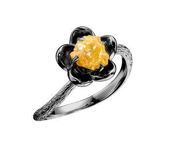 黃寶石原石14k金梅花求婚戒指 植物原礦訂婚戒指 立體花朵單石戒