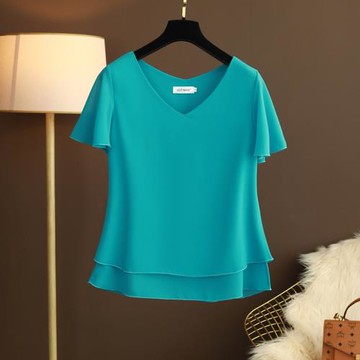 遮肚子夏季大碼女裝韓版V領寬松百搭小衫雪紡衫短袖上衣女打底衫