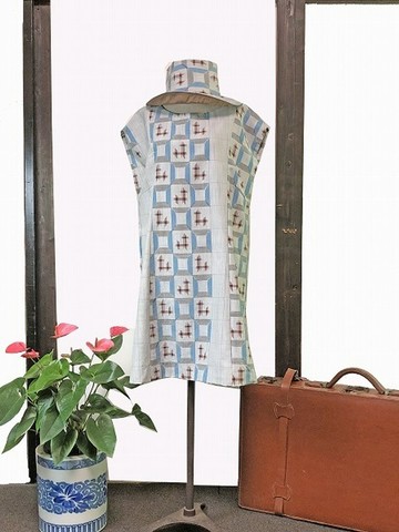 最終折扣 01 和服重製職人「優衣」—kimono☆幾何圖案紬 正絹洋裝＋帽子