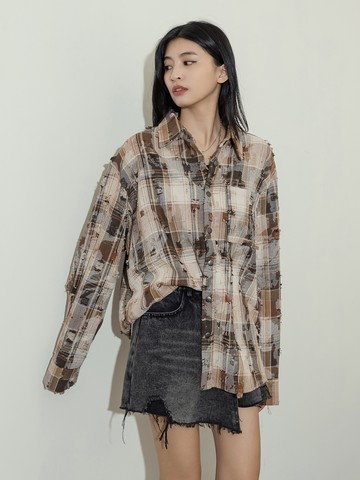 刷破拚色格紋長襯