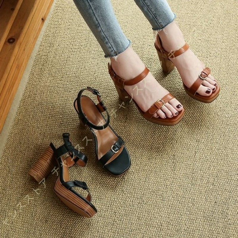 木目 太ヒール サンダル ストラップ スクエアトゥ 厚底 サンダル ハイヒール オープントゥ レトロ カジュアル クッション 本革 おしゃれ サンダル ミュール 通販 Lineポイント最大0 5 Get Lineショッピング