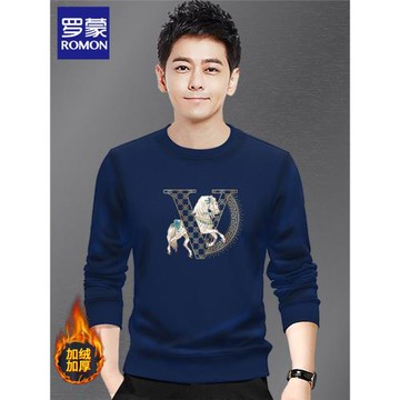 羅蒙品牌大碼無帽衛衣男士圓領潮流ins秋冬款保暖加絨加厚上衣服