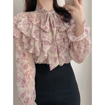 甜美別致設計感蝴蝶結雪紡衫早秋法式小眾氣質碎花襯衫女秋季上衣