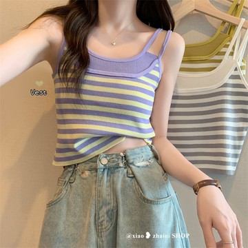 【砂糖夢境】假兩件條紋別緻吊帶背心女內搭夏設計感小衆外穿打底短款辣妹上衣