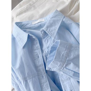 春秋韓系簡約純色純棉POLO領長袖襯衫女秋裝寬松外穿顯瘦上衣外套