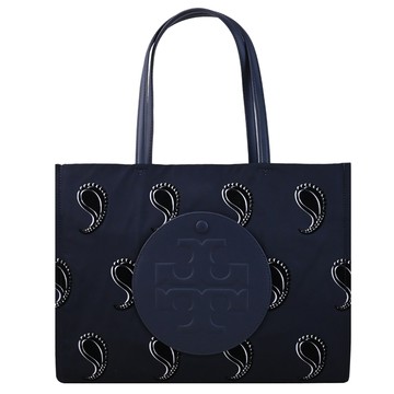 TORY BURCH 178286 佩斯理花紋尼龍皮飾邊小號托特包.深藍