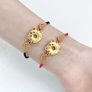 黃金小老虎手鏈女999足金生肖虎3D硬金本命年紅手繩足金吊墜
