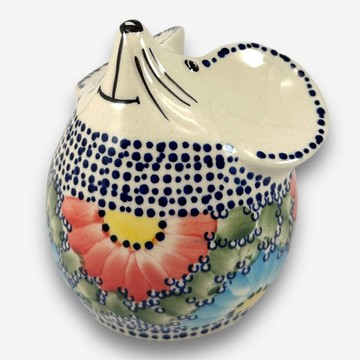 波蘭手繪手工陶-老鼠存錢筒 11cm 橘藍大花系列 設計師款