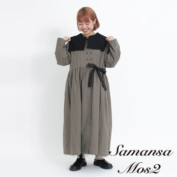 Samansa Mos2  配色綁結雙排扣無領長版大衣外套