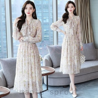 ロングワンピース レディース 長袖ワンピース 花柄 シフォン 秋服 きれいめ フレアワンピース 大人可愛い 発表会 演奏会 通販 Lineポイント最大get Lineショッピング
