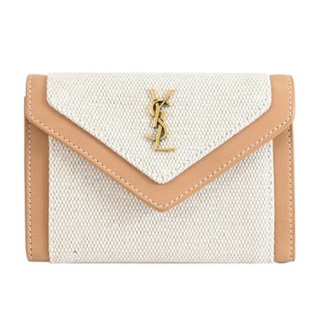 YSL 738070 經典LOGO帆布皮飾邊卡片零錢包.米咖