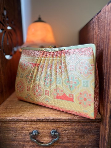 日本繽紛花紋錦織古董手提包