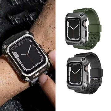 【山水之寶】NILLKIN Apple Watch 7/8 45mm錶帶保護殼 鈦灰色合金保護殼＋酷軍綠/潮流黑銳動腕帶