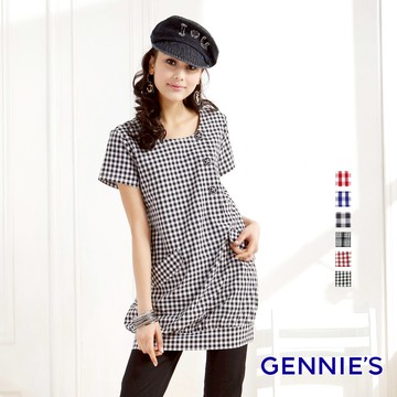 Gennies奇妮 個性服飾格紋春夏哺乳洋裝-紅格紋/藍格紋/灰格紋(GNA11)