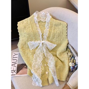 小香風蕾絲蝴蝶結針織背心女2025秋季疊穿高級感馬甲無袖V領上衣