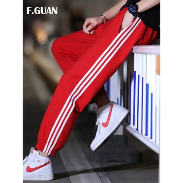 紅色運動褲男春秋三條扛褲子休閑長褲寬松束腳褲青少年純棉衛褲潮