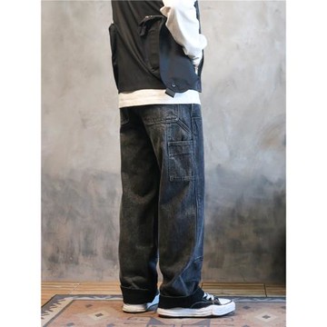 重磅加厚直筒牛仔褲黑灰色寬松直筒闊腿褲伐木工裝工作褲子男秋冬