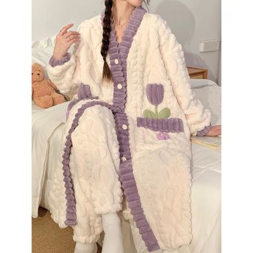 睡衣女士秋冬季珊瑚絨加絨加厚睡裙法蘭絨睡袍長款大碼家居服套裝