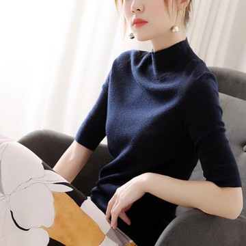 冰絲上衣短t恤女裝氣質修身半高領套頭五分袖薄款內搭針織打底衫