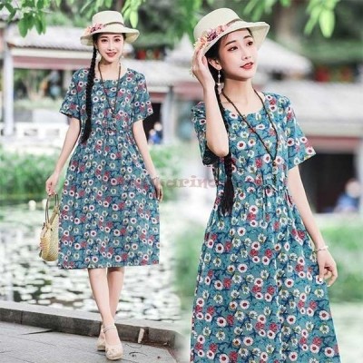 ワンピース 半袖 レディース サマーワンピース 花柄 半袖ワンピース 薄手 柄ワンピ 夏 花柄ワンピース ロングワンピ 夏ワンピース レトロ 通販 Lineポイント最大get Lineショッピング