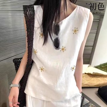 初色 簡約太陽花釘珠圓領無袖亞麻馬甲背心輕薄透氣寬鬆上衣女上衣-共2色-13608(M-2XL可選)