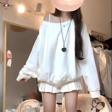 台灣出貨 斜肩長袖衛衣女秋冬新款慵懶風女款設計感露肩藏青色辣妹上衣美式復古衛衣女生衛衣大尺寸衛衣女大學T廣大衛衣女