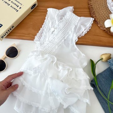設計感甜美氣質百搭v領不規則蕾絲荷葉邊飛飛袖背心雪紡衫上衣女