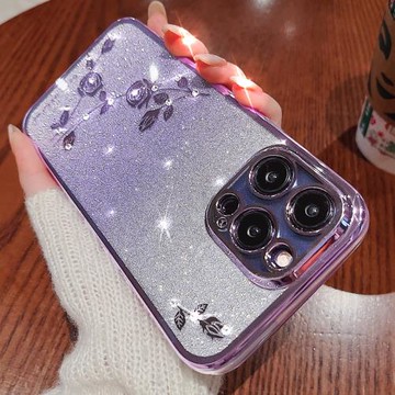 玫瑰花適用蘋果16promax手機殼iPhone16pro保護套12防摔硅膠軟殼閃粉水鉆15plus全包時尚高級感女神電鍍透明