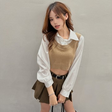 假兩件短版背心襯衫-卡【KT24560】