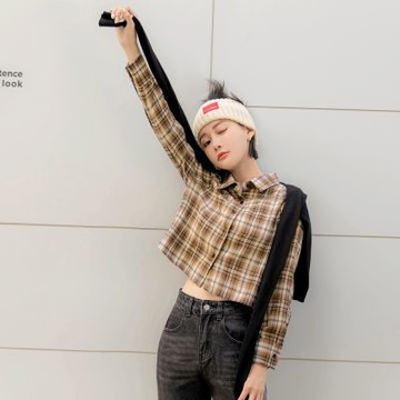 OB嚴選中大尺碼-柔韌磨毛格紋時髦短版上衣/襯衫《AB17734》