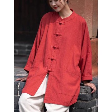 復古盤扣苧麻長袖襯衫女寬松中國風極簡大廓形唐裝開衫外套男上衣
