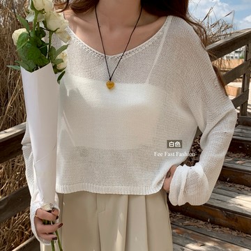 【Fee爆款8色】寬鬆透膚短版針織上衣🔥罩衫 v領上衣 女上衣 韓系 薄長袖 防曬 短版 輕薄 天然纖維 素色 秋冬穿