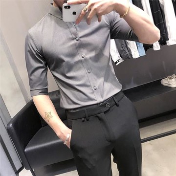 2024夏季 英倫免燙6色純色中袖襯衫男時尚休閑五分袖男短袖襯衣