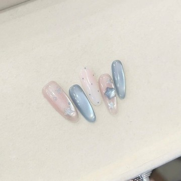 🔥熱銷爆款🔥韓系ins海鹽藍玻璃珠貓眼穿戴甲高階感波點琉璃星星純手工穿戴甲