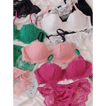 多巴胺色法式蕾絲薄大胸顯小聚攏上托撞色內衣套裝性感文胸