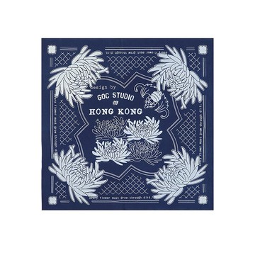 GOC Studio 手工藍染 傳統拔印 幸運蝠鼠招財菊花 頭巾圍巾掛巾