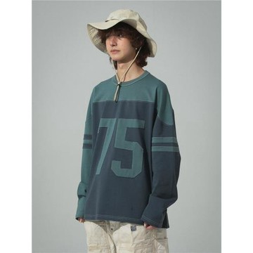 BPCALL23AW 不規則拼色橄欖球衫純棉美式復古長袖T恤男女同款